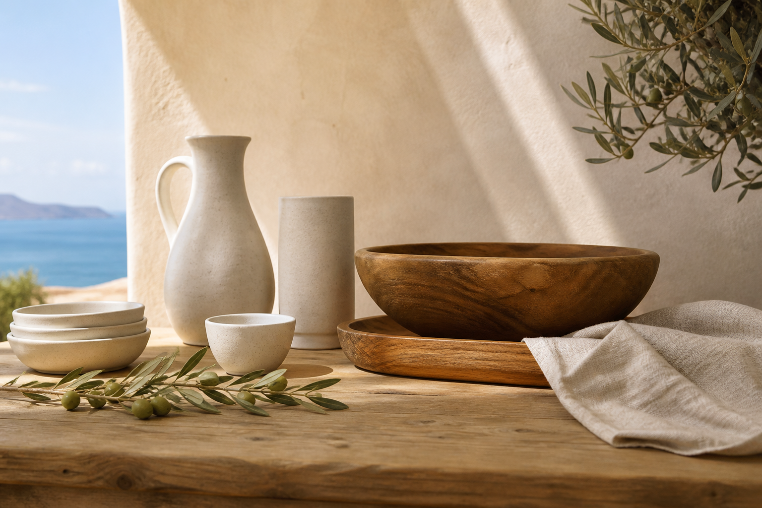 Handmade ceramics, cedar bowls, linen, and olive branches on a sunlit table